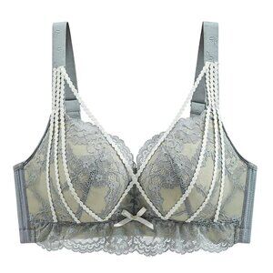 Women’s Plus Size 38-44/85-100 C-D Grey Floral Lace Wireless Bra, Full Coverage,